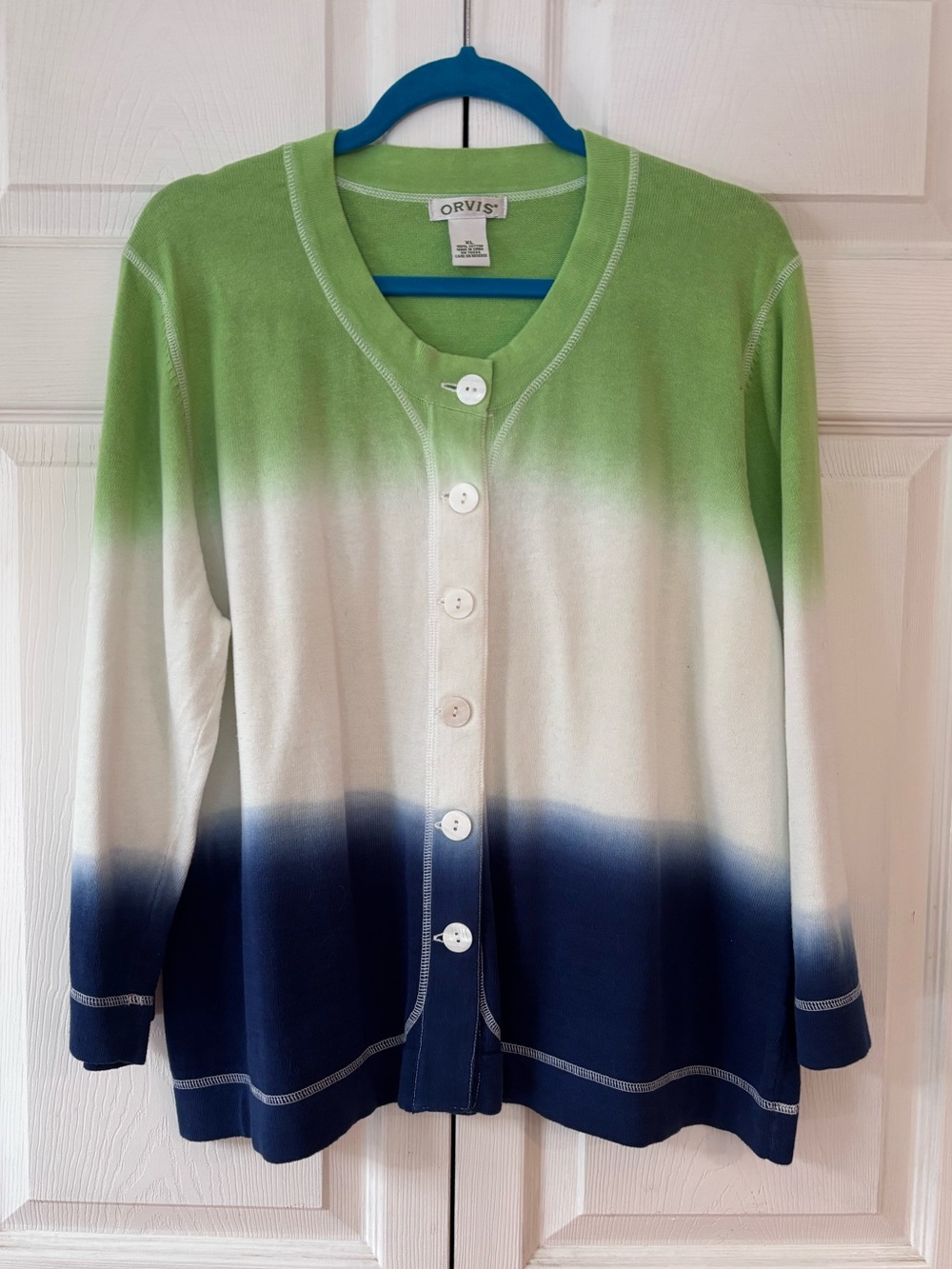Orvis Green White Blue Cardigan Summer Sweater Size XL